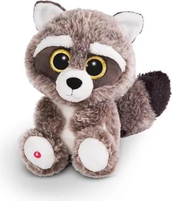 A plush raccoon toy is sitting on a white background.