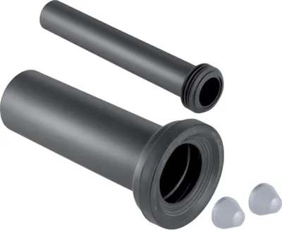 Two plumbing pipes and two small caps on a white background.