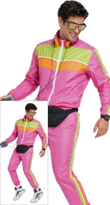 Produktbild von 80s Sport Karneval Retro Kostüm Violett Grün Orange Spaßig Neon Trainingsanzug Fitness Cooler Look, Größe: 52 - 54 (L) Farbe: Pink