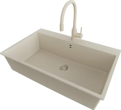 Produktbild von PRIMAGRAN Granitspüle Beige 78x50cm, Spülbecken 1 Becken + Küchenarmatur 38x14cm + Ablauf-Set, Küchenspüle ab 80er Unterschrank - Riga