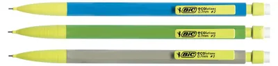 Three mechanical pencils of different colors (blue, green, and gray) with yellow accents are lined up horizontally against a white background.