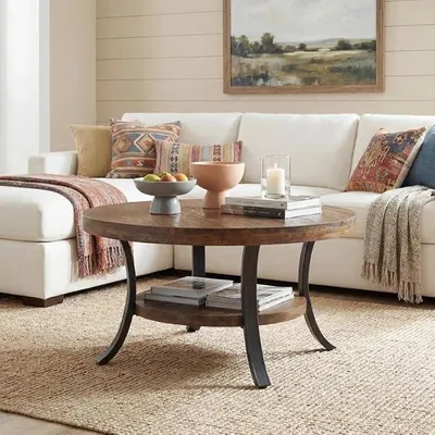 Imagen del producto de Mesa de centro redonda de 80 cm de diámetro, hecha de madera maciza, con un compartimento de almacenamiento
