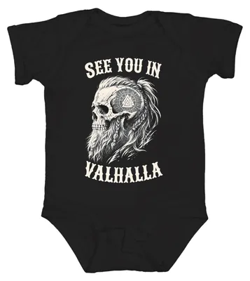 Obrázek produktu pro Uvidíme se ve Valhalle. Viking, lebka, vousy, válečník, Odin, Valknut, runy. Body pro miminko, černá barva, velikost 12/18 měsíců