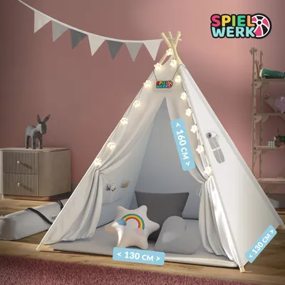 Image de Spielwerk® Tipi enfant Beige avec tapis Tente de jeu Enfants Guirlande lumineuse Tapis de jeu 3 coussins Chambre d'enfant