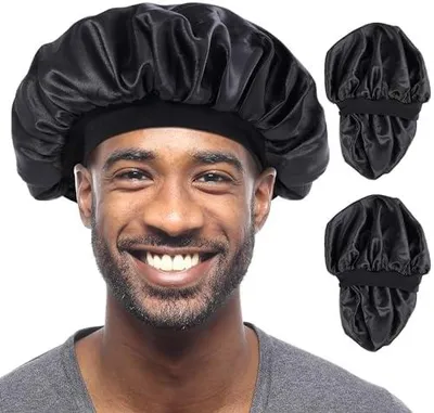 Produktbild von 2 x Satin-Schlafhauben für Herren, doppellagige und wendbare Nachtmützen für lockiges Haar, Satinhauben für schwarze Männer und Frauen, schwarz, L