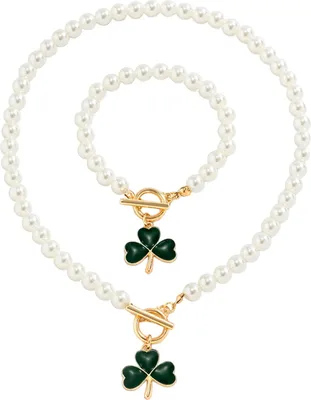 Produktbild von 1 Set Damen Halskette Armband Set Kunstperle Kleeblatt Anhänger Glatt Galvanisiert Dame Choker Party Prom Bier Festival Bankett Schmuck Set