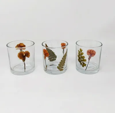 Produktbild von 3er Set Teelichthalter, Windlichter TROCKENBLUMEN H. 8cm Glas Formano WA