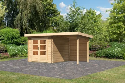 Produktbild von Gartenhaus Blockbohlenhaus Gerätehaus Bastrup 4 im Set mit Anbaudach 2 m breit, 28 mm Rückwand naturbelassen 419x297x222 cm