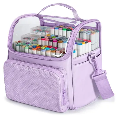 Produktbild von Großes Reiseetui für 180 Farbmarker, Markeraufbewahrungstasche mit Schultergurt, Etui mit Vordertasche und 2 Seitentaschen, lila (leere Tasche)