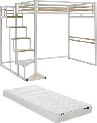 Produktbild von Zwischengeschoßbett 140 x 200 cm - Metall und MDF - Weiß + Matratze - JOGUI