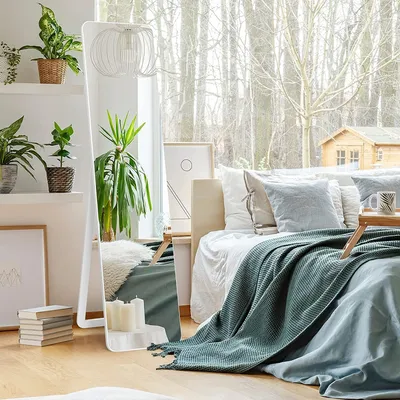 Produktbild von GOPLUS 155 cm × 37 cm Ganzkörperspiegel mit Splitterschutz, Großer Standspiegel mit Massivholzrahmen, HD Wandspiegel mit Haken