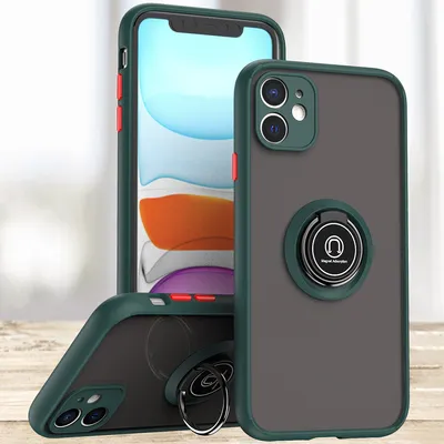 Produktbild von iPhone 12 Hülle, Ring Halter Ständer Matte Transluzent TPU Rahmen Stoßfest Schutzhülle für iPhone 12 dunkelgrün