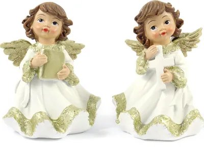 Produktbild von 2er Set Engel in weiß goldenem Kleid mit goldenen Flügeln & Glitzer aus Polyresin H.: 12cm