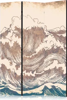 Produktbild von 3-teiliger Doppelseitiger Vlies Paravent - Stormy Ocean - High Waves in Brown and Navy Colors on a Beige Background in Vintage Style 135x172 cm Landschaften c-C-10115-z-a
