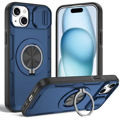 Produktbild von Magnetische Hülle für iPhone 15, Militär Stoßfest Handyhülle mit Kameraschutz und Ringhalter Ständer Blau