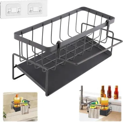 Produktbild von Famanu Küchenorganizer mit Halter für Spülschwämme - graue Abtropfschale mit Haken
