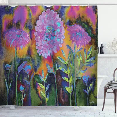 Immagine prodotto di ABAKUHAUS Tenda da doccia psichedelica, effetto acquerello con fiori di calendula e motivo fantasia giardino anni '60 grunge, 175 x 180 cm, multicolore