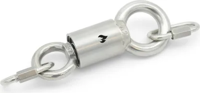 A stainless steel swivel with eyelets on both ends, designed for use with swing grills and grill gallows.