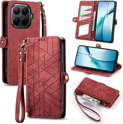 Obrázek produktu pro Pro Xiaomi 15T Pro 5G Geometric Faux Leather Zipper Book Wallet Case Red