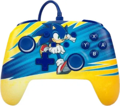 A close-up, front-facing studio shot of a Nintendo Switch controller featuring Sonic the Hedgehog.