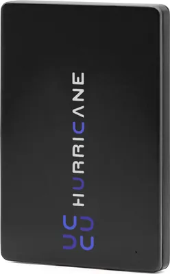 A black external hard drive with branding on it.