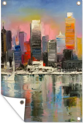 Produktbild von MuchoWow® 40x60 cm Outdoor-Poster Gartendeko Sichtschutz Garten Poster für den Garten  Gemälde - Öl - Skyline - Wasser