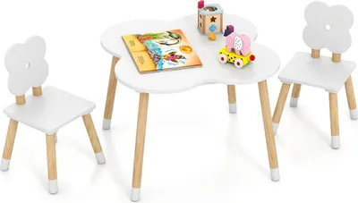 Produktbild von COSTWAY Kindertisch mit 2 Stühlen, 3 teilige Kindersitzgruppe mit Kiefernholzbeinen, Maltisch Spieltisch, Basteltisch für Kinder ab 3+, Weiß