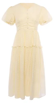 Produktbild von Damen Midi Kleid aus Chiffon mit Dobby-Punkten, gelb, V-Ausschnitt, kurzen Puffärmeln, Gr. XXS