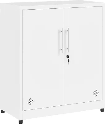 Imagen del producto de Armarios de dos puertas, archivadores metálicos con cerradura, armario de almacenamiento con 2 estantes ajustables, armario organizador para baño, archivadores para oficina en casa, color blanco