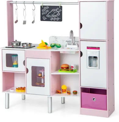 Produktbild von DREAMADE Doppelseitige Spielküche &Supermarkt, Kinderküche mit 82 Accessoires, Spielküche mit Spüle&Herd&Eismaschine, Supermarkt mit Registrierkasse