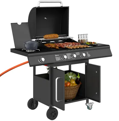Zdjęcie produktu dla Outsunny grill gazowy 12,2 KW 3+1 palnik BBQ wózek grillowy wykonany ze stali nierdzewnej z rolką