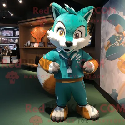 Productafbeelding van Mascot REDBROKOLY karakter van een blauwgroen vos gekleed met een rugbyshirt en omslagdoeken