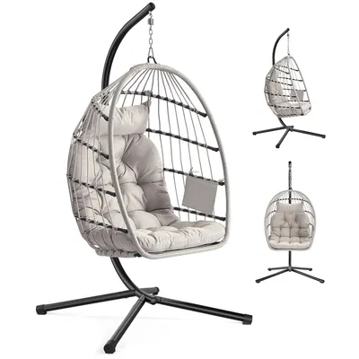 Produktbild von SONGMICS Schaukelstuhl mit Gestell, klappbarer Korbsessel höhenverstellbar, Hängeschaukel für Garten Balkon, Kissen, weiß