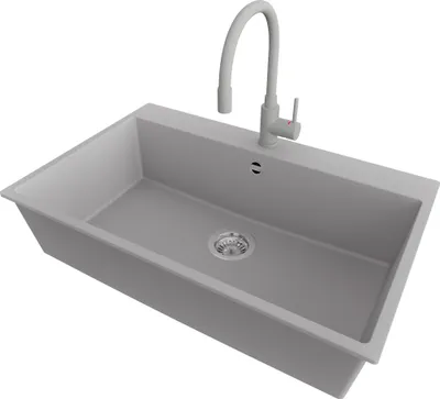 Produktbild von PRIMAGRAN Granitspüle Grau 78x50cm, Spülbecken 1 Becken + Küchenarmatur 38x14cm + Ablauf-Set, Küchenspüle ab 80er Unterschrank - Riga