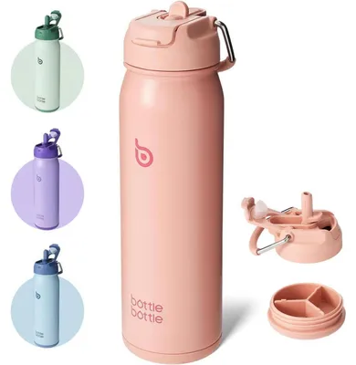 Immagine prodotto di Borraccia in acciaio inossidabile da 709 ml con cannuccia, manico e contenitore per pillole, termica, color salmone