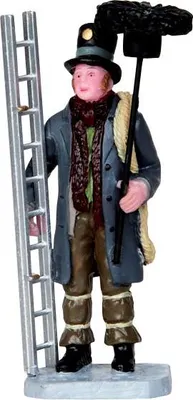 A figurine of a chimney sweep holding a ladder and a chimney brush.