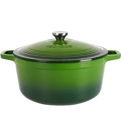A green enameled cast iron Dutch oven with a lid, shown from the front against a white background.
