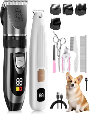 Produktbild von 2-in-1 Kabellose Tierhaarschneidemaschin mit LED-Anzeige, Pfotentrimmer, Tierhaarschneider, geeignet für Hunde, Katzen, Pfoten, Ohren und Augenbereich