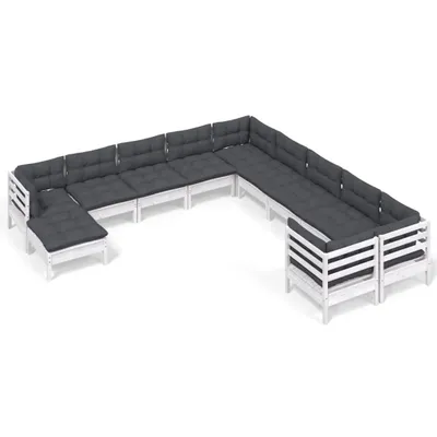Produktbild von 11-tlg. Garten-Lounge-Set mit Kissen Weiß Kiefernholz