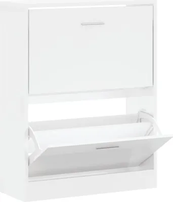 A white shoe cabinet with two doors, one closed and one open.