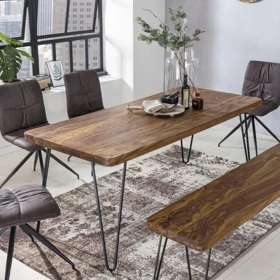 Image de FineBuy Table de salle à manger massive 120 cm HARLEM Table de salle à manger en bois massif de sheesham avec pieds design en métal Table en bois Table de salle à manger Table de cuisine