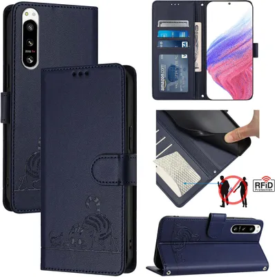 Produktbild von Leder Hülle für Sony Xperia 5 IV Süße Katze Flip Case Brieftasche Schutzhülle mit Standfunktion Blau