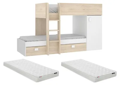 Produktbild von Eck-Hochbett modulierbar - 2 x 90 x 190 cm - mit Stauraum - Holzfarben & Weiß + Matratze - RICARDO