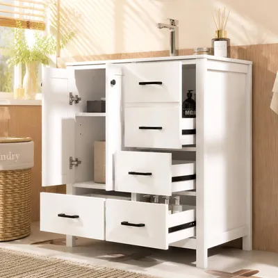 Produktbild von MODFU Badezimmerschrank mit Doppeltürschrank,Freistehende Waschtisch mit Keramikbecken,Badkommode mit Schubladen und verstellbare Regalböden,Weiß