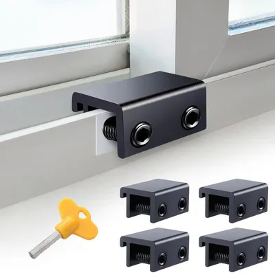Produktbild von 4er-Set Schiebefenster Schloss mit Schlüssel, verstellbare Fenstersicherung für Schiebe Fenster & Türen, ohne Bohren, Schwarz