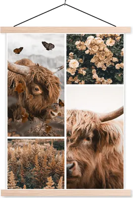 Produktbild von MuchoWow® Textilposter Schottisches Hochlandrind - Schmetterling - Blumen 40x53 cm mit holzfarbenen Rahmen - Schlafzimmer