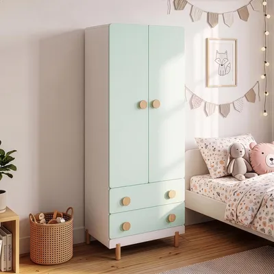 Produktbild von Kinderkleiderschrank 'Vaarentaa' mit 2 Türen 2 Schubladen 156 x 60 x 41 cm Weiß / Mintgrün
