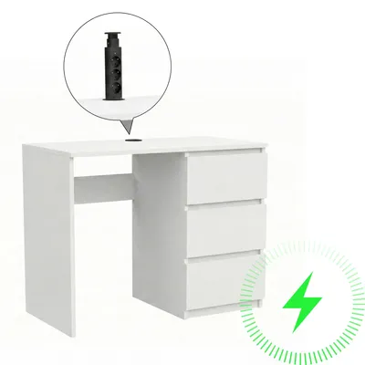 Zdjęcie produktu dla Biurko komputerowe ComfortCove, białe, 90 cm, z 3 szufladami i gniazdkiem 3x230 V w blacie