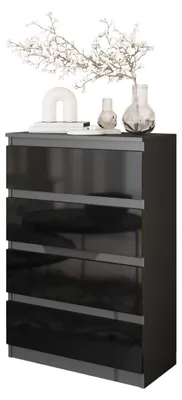 Produktbild von Kommode Anthrazit Grau / Schwarz Hochglanz mit 4 Schubladen – Kleine Kommode für Schlafzimmer & Wohnzimmer – Modernes Sideboard GABRIEL