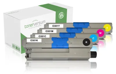 A set of four toner cartridges for a printer, with a box in the background.